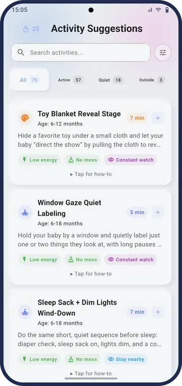 The activities screen suggesting age-matched play ideas for today