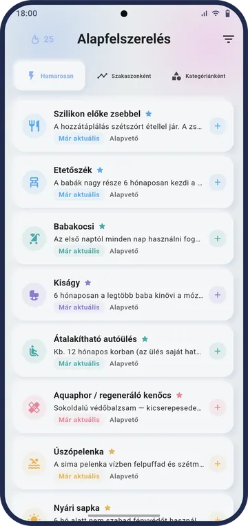 Az essentials képernyő a mostani időszakhoz tényleg szükséges babaholmikat ajánlja