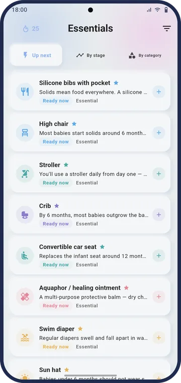The essentials screen suggesting the baby gear that's actually needed at the current stage