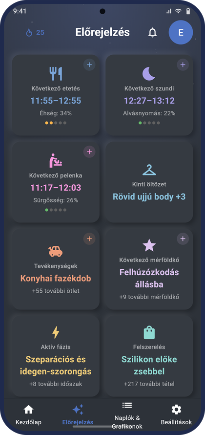 A Baby Bloom Előrejelzés képernyője egy Android telefonon: a következő etetés, szundi és pelenkacsere előrejelzése
