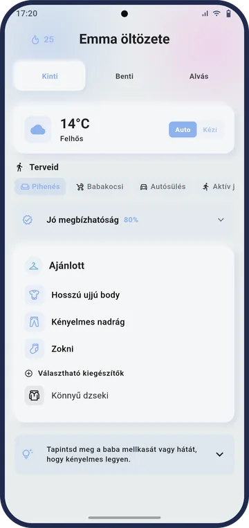 Az öltöztetés képernyő a mai rétegekkel és a helyi időjáráshoz igazított TOG-értékű alvózsákkal