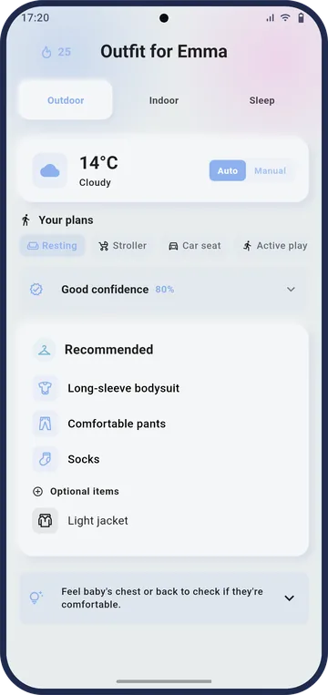 The outfit screen recommending today's layers and a TOG-rated sleep sack based on the local weather