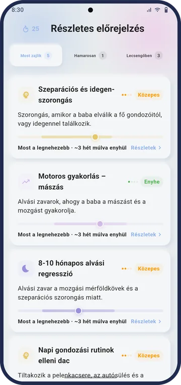 A részletes előrejelzés képernyő a zajló fejlődési időszakokkal, például szeparációs szorongással és alvásregresszióval