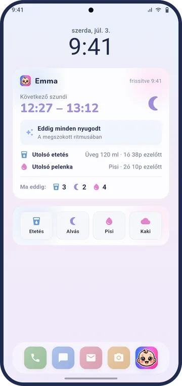 Android kezdőképernyő Baby Bloom widgetekkel: baba-áttekintés, gyorsnaplózó gombok és élő időzítő