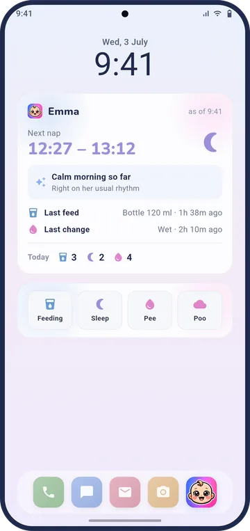 An Android home screen with Baby Bloom widgets: baby snapshot, quick-log buttons and a live tracking timer